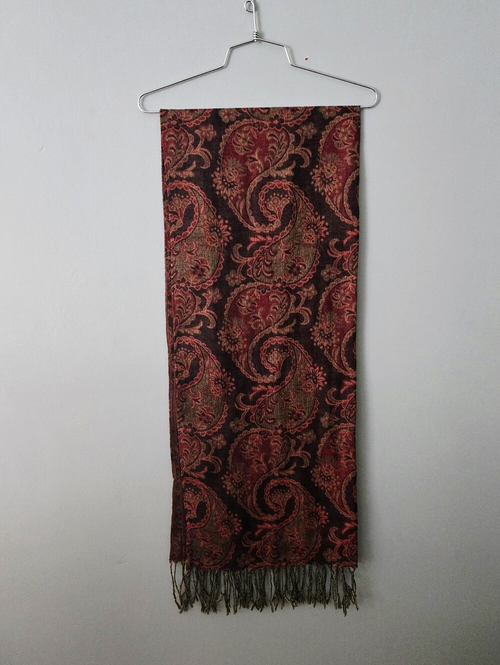 Vintage Bohemian Rich Red, Orange, Rustic Earthy Boho Paisley Pashmina Scarf - Picture 3 of 5